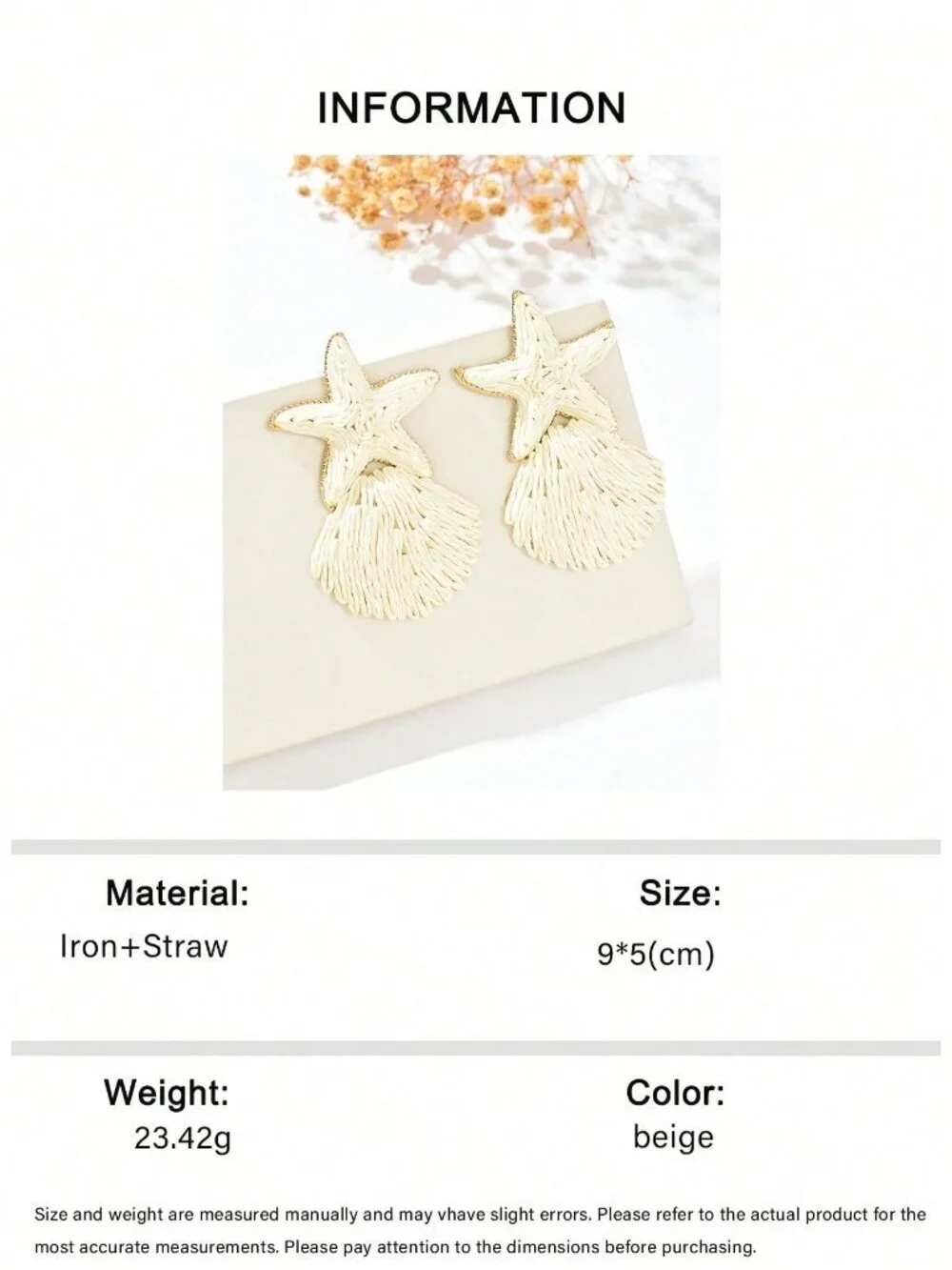 Beige Boho Women's Handmade Woven Raffia Grass Starfish & Shell Earrings